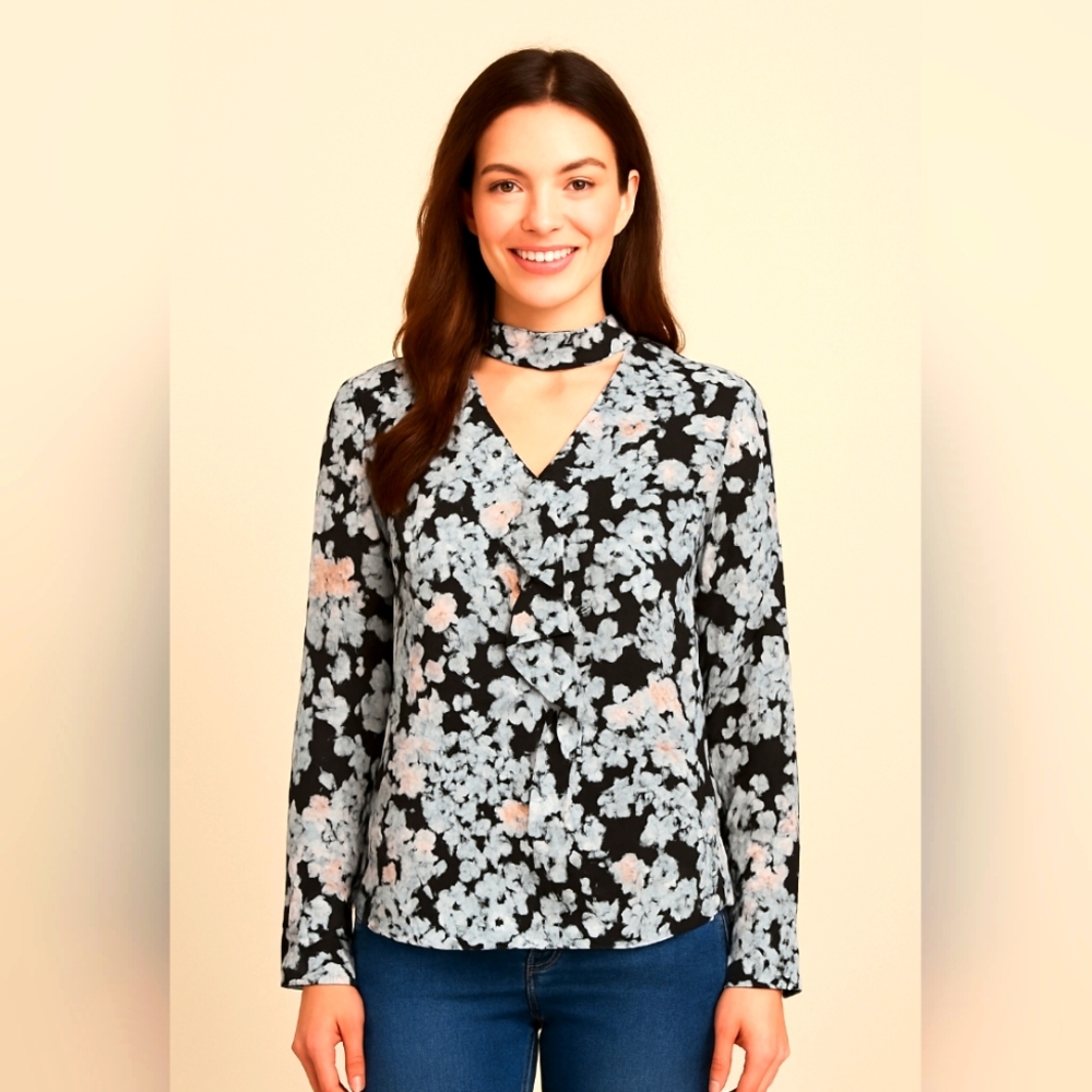 Floral Print Ruffle Front Chiffon Blouse With Mock Neck-lp